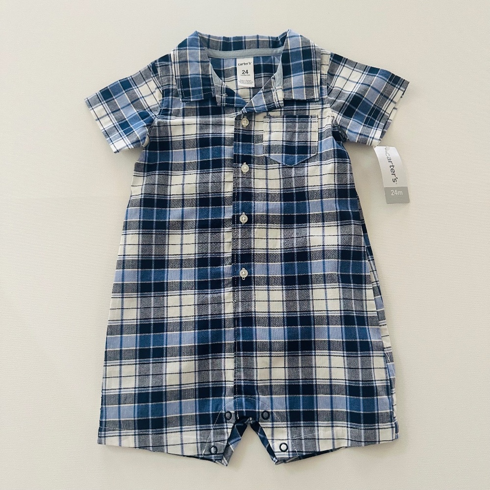 Carter’s 24 Months Baby Boy Blue Plaid Polo Romper Spring Summer NWT